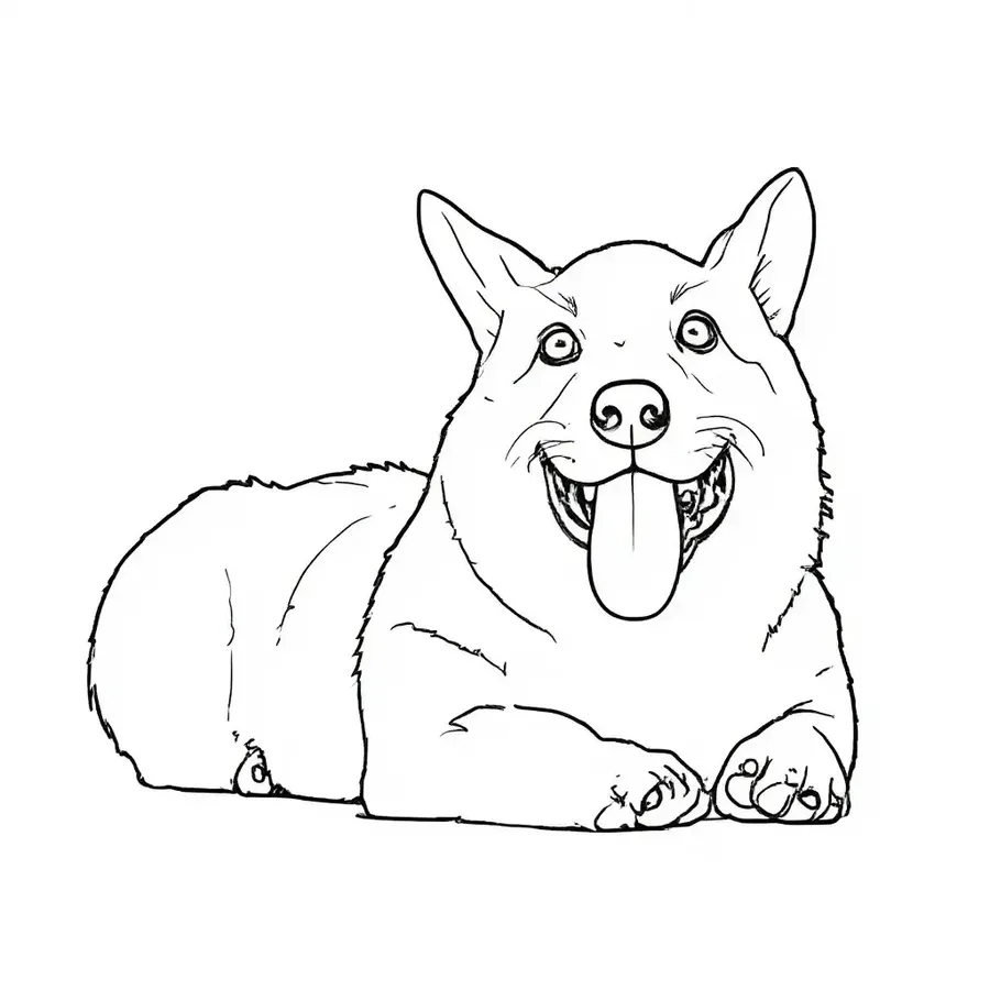 Black outline drawing of a corgi lying with its front paws forward and its tongue out.