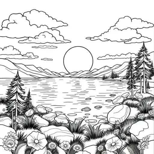 Sun over a mountain lake bordered by pine trees, rocks and flowers in a black line drawing.