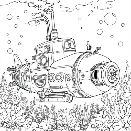 Round submarine with portholes surrounded by bubbles, coral and seaweed in black linework.