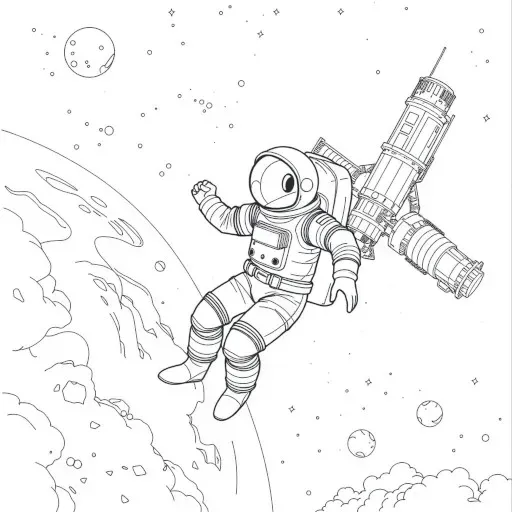 Astronaut floating beside a space station above a curved planet in a black outline drawing.