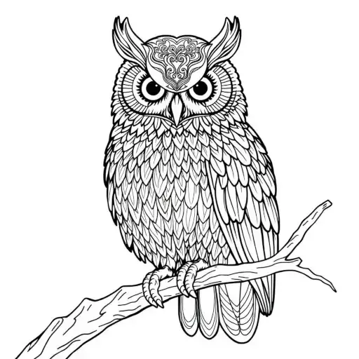 Owl perched on a branch with densely patterned feathers in a black-and-white line drawing.