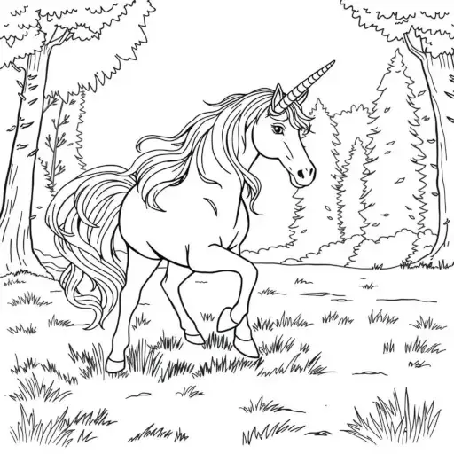 Unicorn with a flowing mane standing among trees and grass in a black line drawing.
