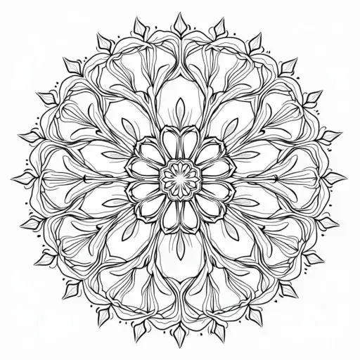 Circular floral mandala with layered petals and leaves drawn in fine black outlines.