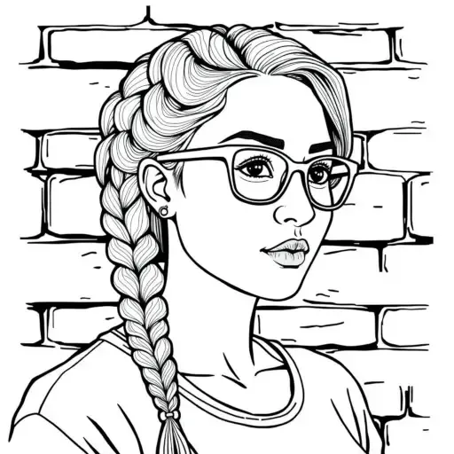 Black outline portrait of a woman with glasses and a braid in front of a brick wall.