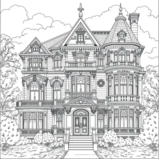 Detailed black line drawing of a Victorian house with towers, a porch and a front garden.