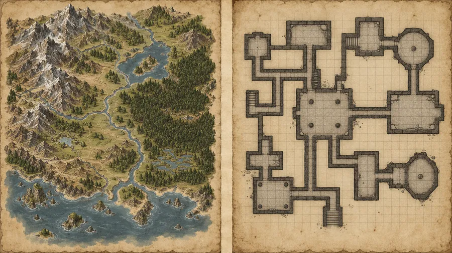 Two maps side by side: an illustrated region map and a gridded top-down dungeon floor plan