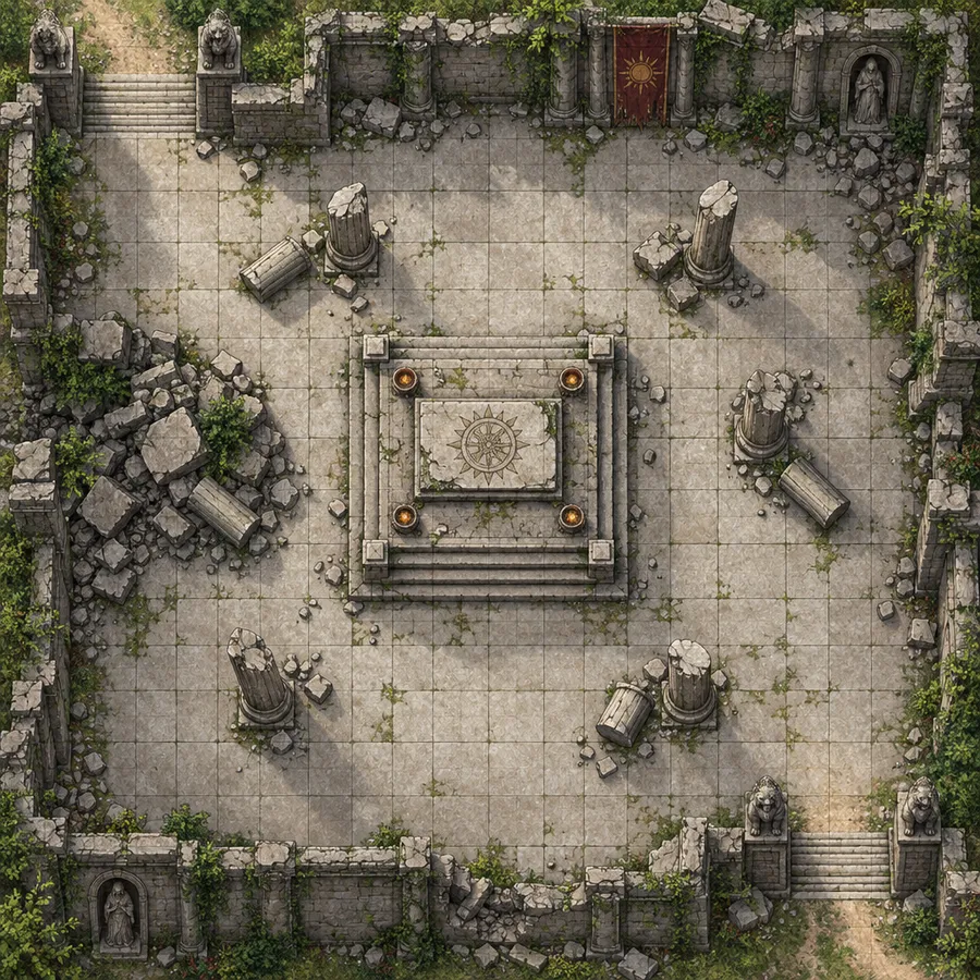 Top-down battle map of a ruined temple courtyard with broken pillars and a square grid
