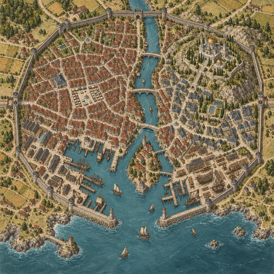 Top-down map of a walled harbour city with rooftops, docks and a hilltop temple district