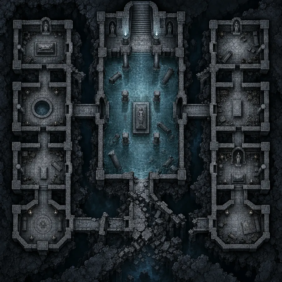 Top-down dungeon map with stone chambers, corridors, a flooded hall and a staircase