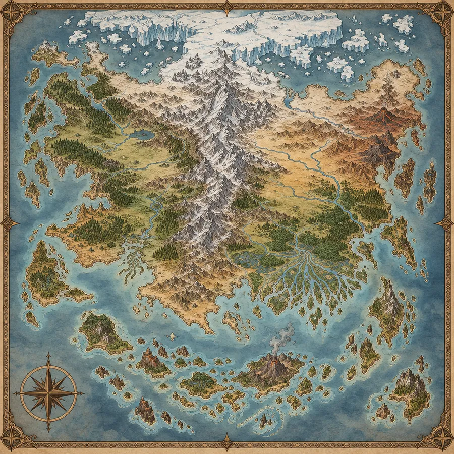 Fantasy continent map on parchment with mountain ranges, rivers, forests and a compass rose