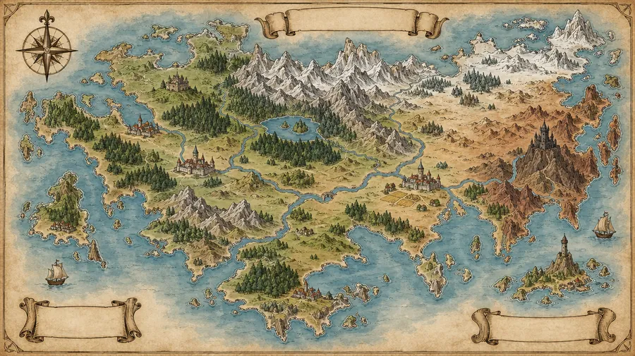 Fantasy region map with coastline, ridges, forests and small empty banners where names would go