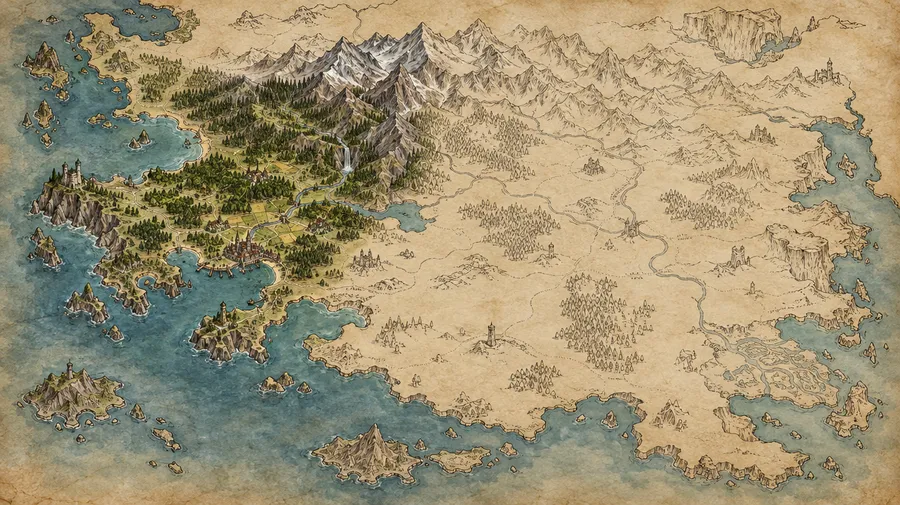 Fantasy region map on parchment with one area drawn in sharper detail than the rest
