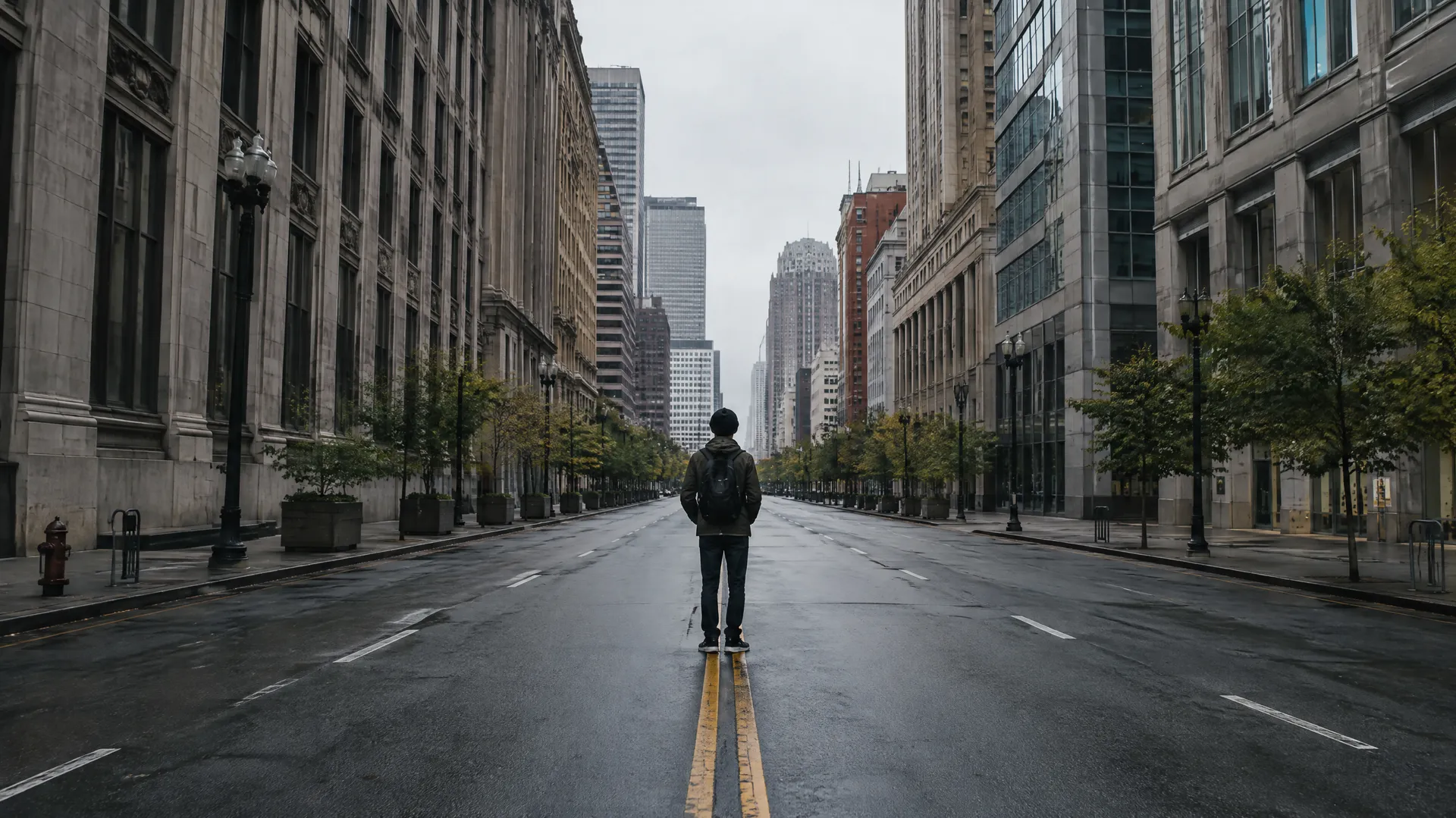 Figure standing on an empty city street with converging perspective lines