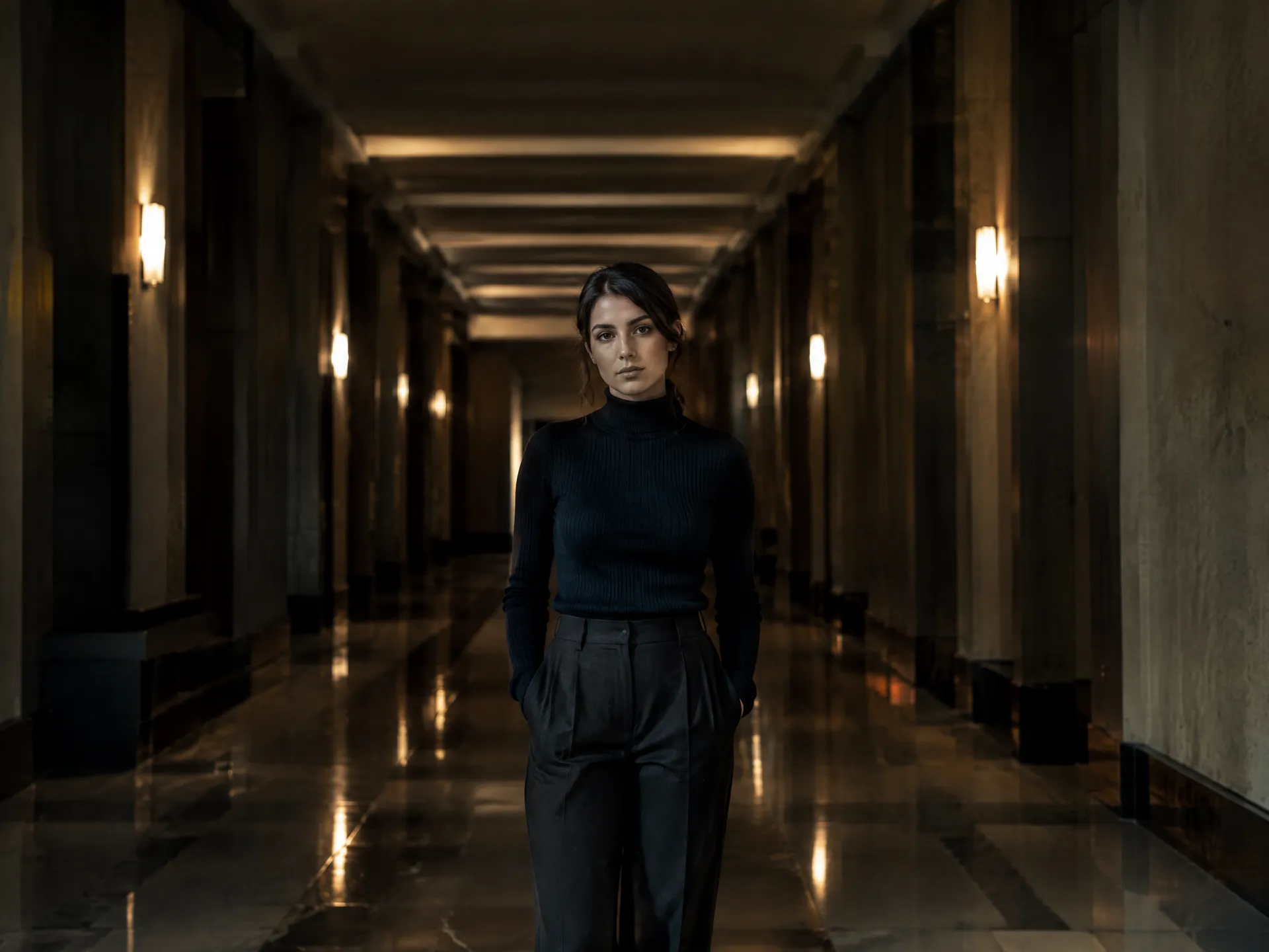 Person in a hallway with dramatic lighting emphasizing depth