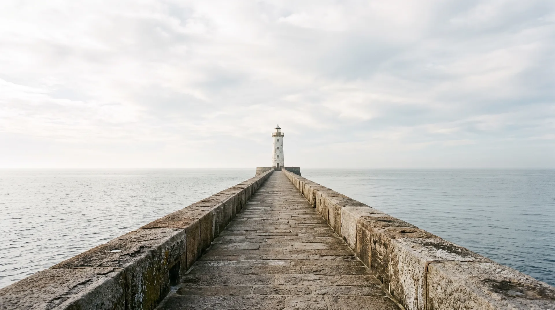 A long stone jetty leading to a white lighthouse, an example of a photo with strong depth for the dolly zoom effect on getimg.ai