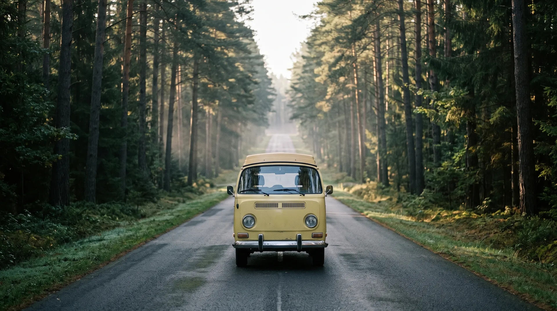 Input photo for a dolly zoom on getimg.ai: a pastel yellow camper van parked on a straight road through a hazy pine forest