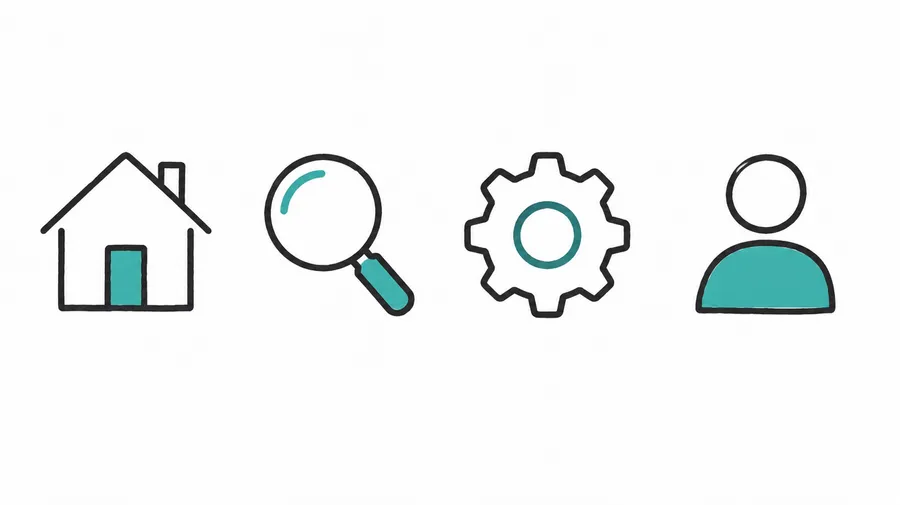 Four matching doodle icons: house, magnifying glass, gear and person, in teal and black