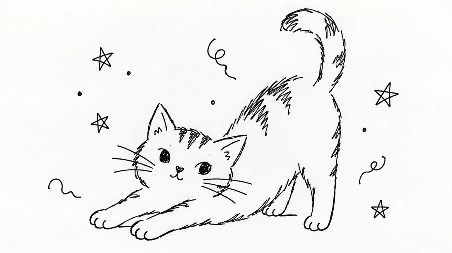 Loose hand-drawn doodle of a cat with uneven ink lines and small squiggles