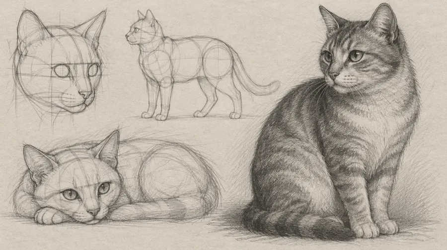 Pencil sketch of a cat with construction lines and graphite shading