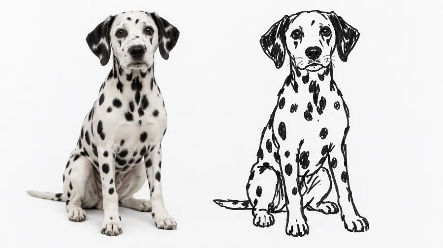 Photo of a Dalmatian dog next to the same dog redrawn as a black ink doodle