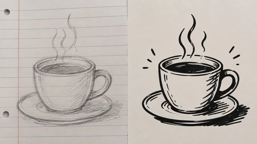 Rough pencil sketch of a coffee cup beside a finished black ink doodle of the same cup