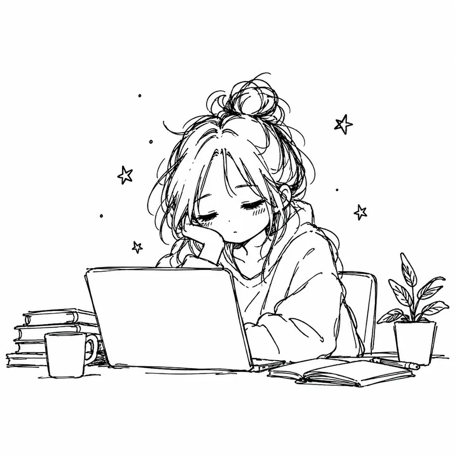 Black ink doodle of a character working at a laptop with small stars around