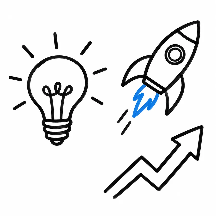 Hand-drawn doodle icons of a lightbulb, a rocket and an upward arrow