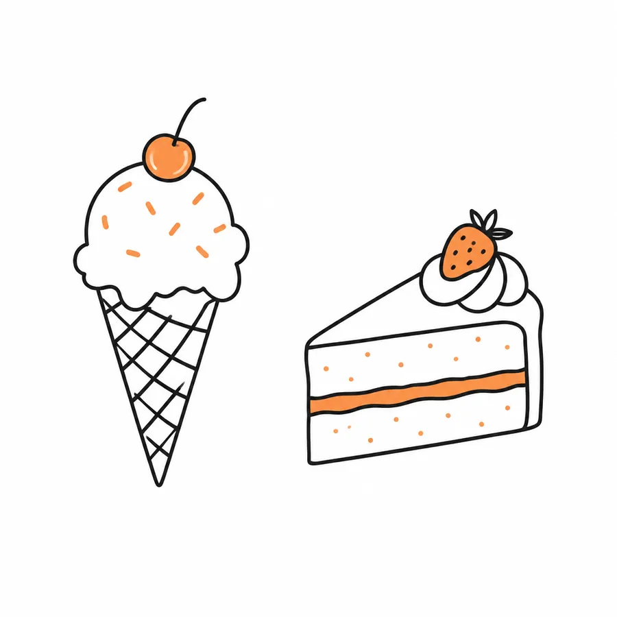 Thin-line doodle of an ice cream cone and a slice of cake with orange accents