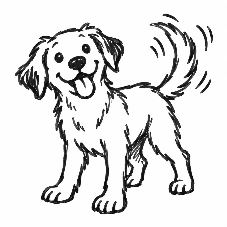 Black ink doodle of a dog wagging its tail with small motion marks