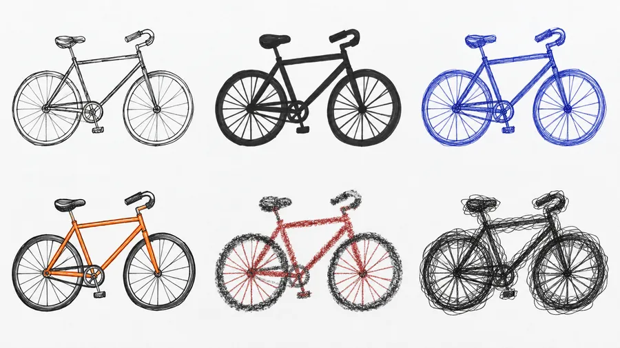 Grid of six doodles of a bicycle in different line weights and colors
