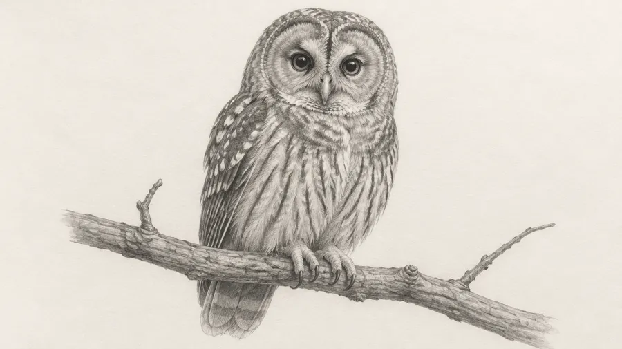 Graphite drawing of an owl perched on a bare branch against ivory paper