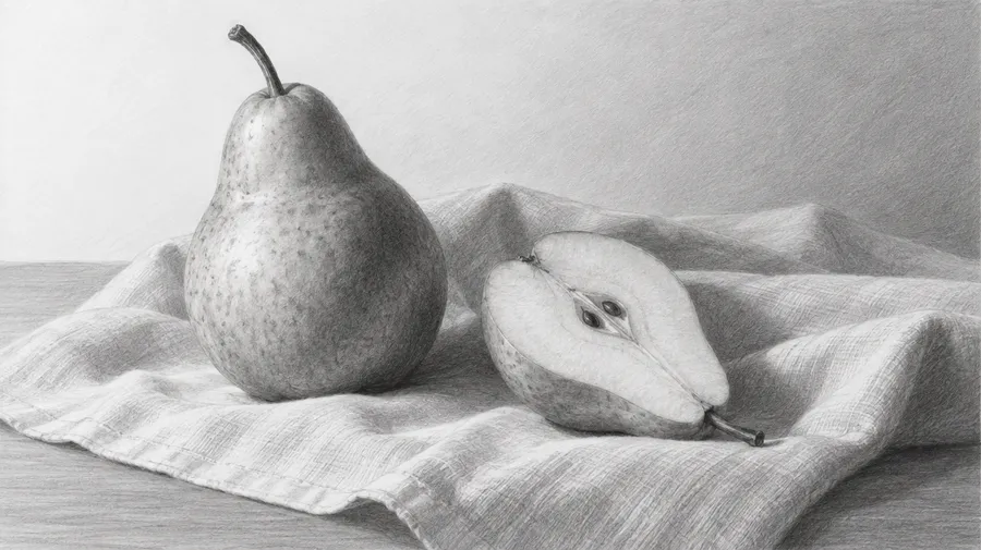 Pencil still life of a whole pear and a halved pear on folded cloth