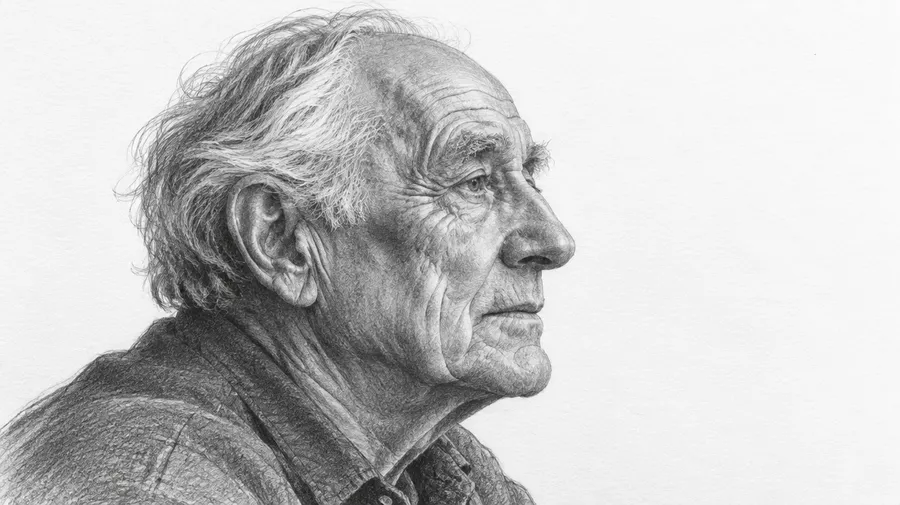 Graphite profile portrait of an elderly man with swept-back hair and deep facial lines