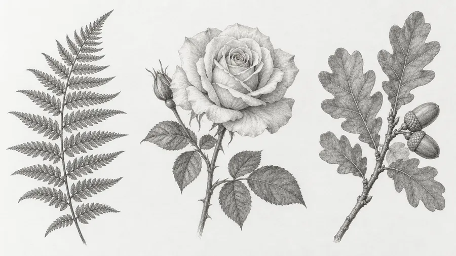 Three graphite botanical drawings showing a fern, a rose and an oak twig with acorns