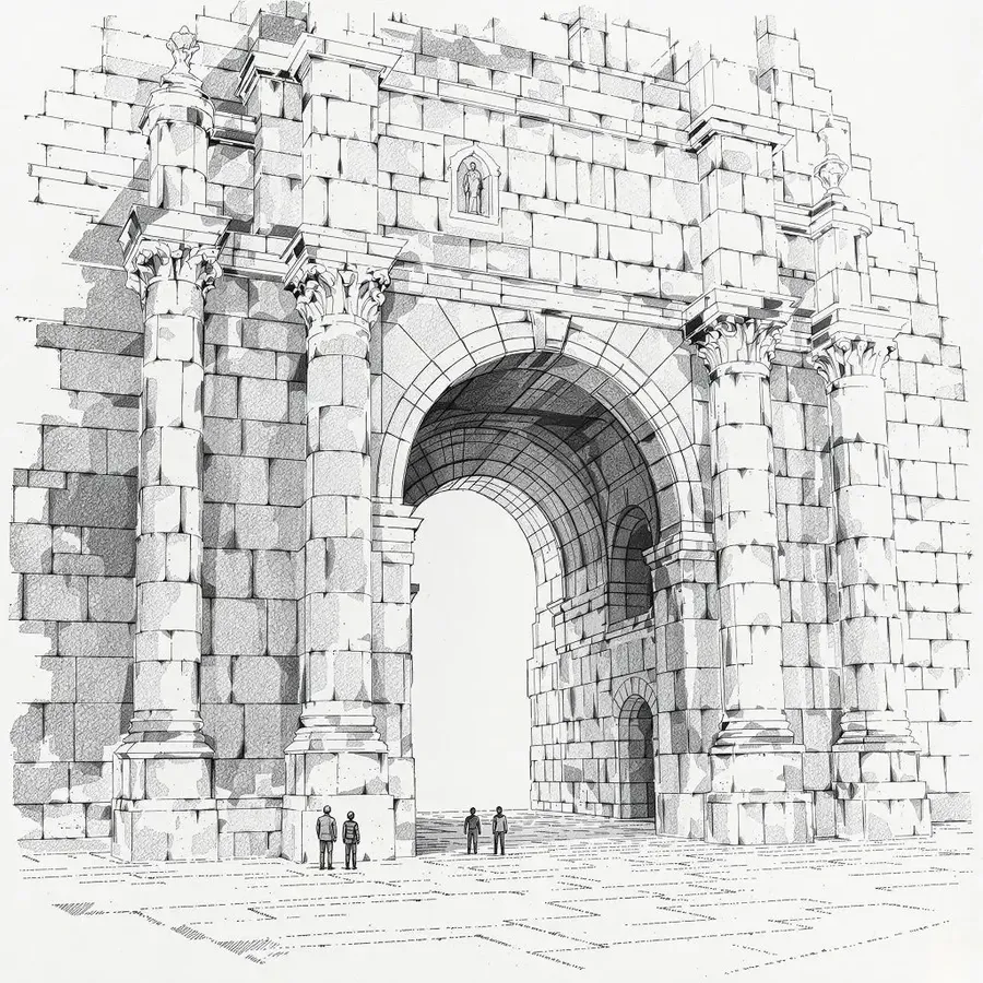Fine pencil drawing of a tall stone archway with small figures beneath it