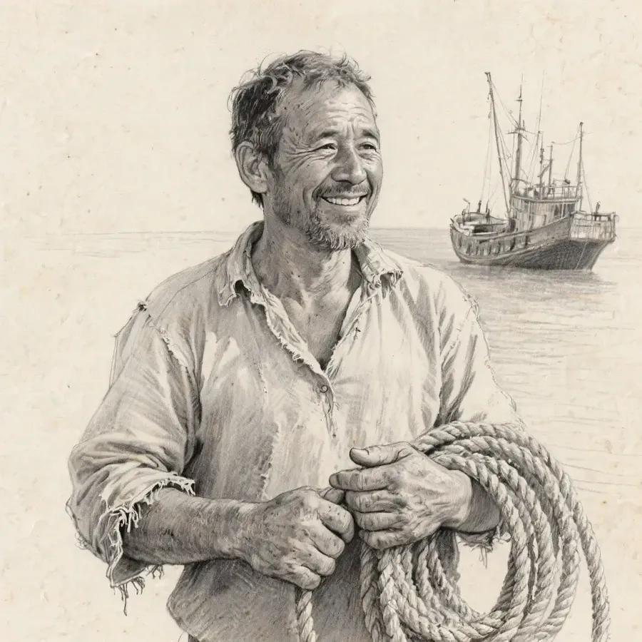 Pencil portrait of a smiling man holding coiled rope with a boat behind him