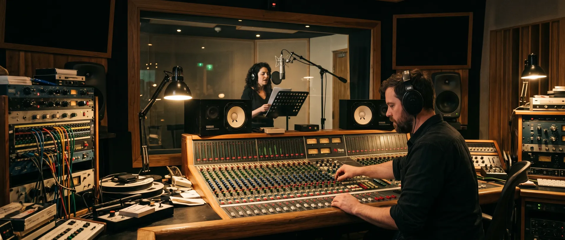 A sound engineer at a large mixing console with a voice actor at a microphone visible through a studio window