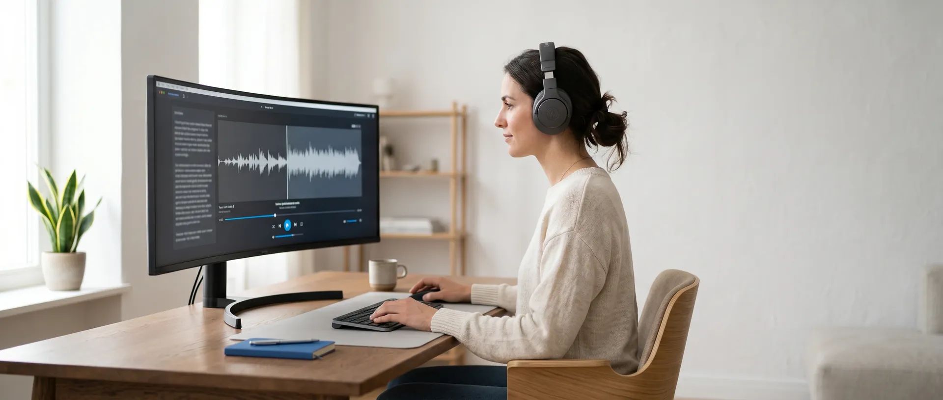 A woman in headphones at a desk monitor showing an audio editing app with a waveform and playback controls