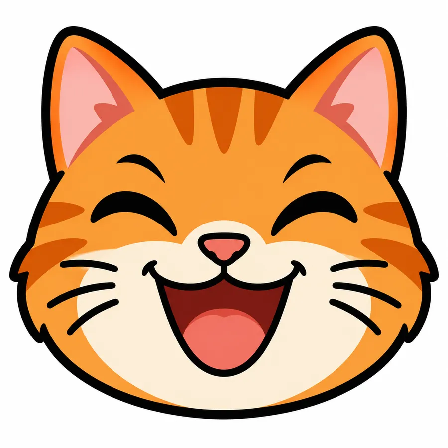 Emoji-style illustration of a ginger cat head laughing with squinting eyes and open mouth