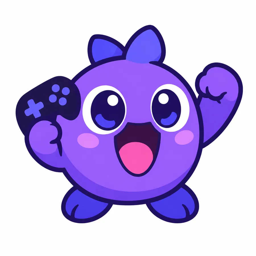 Emoji-style illustration of a round purple creature with big eyes and an open cheering mouth