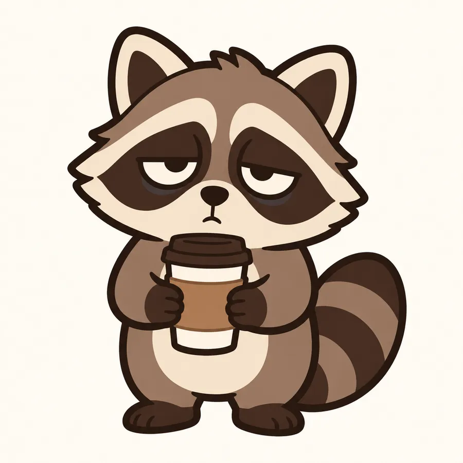 Emoji-style illustration of a raccoon holding a paper coffee cup with tired half-closed eyes