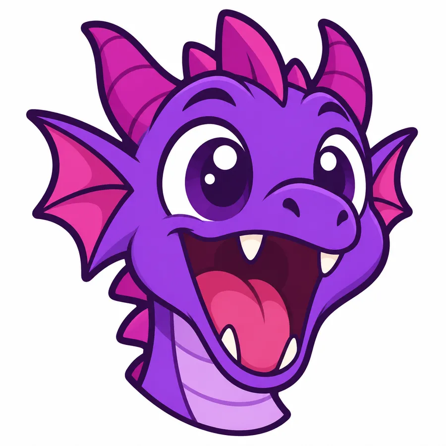 Emoji-style illustration of a purple dragon head shouting with oversized eyes and open mouth