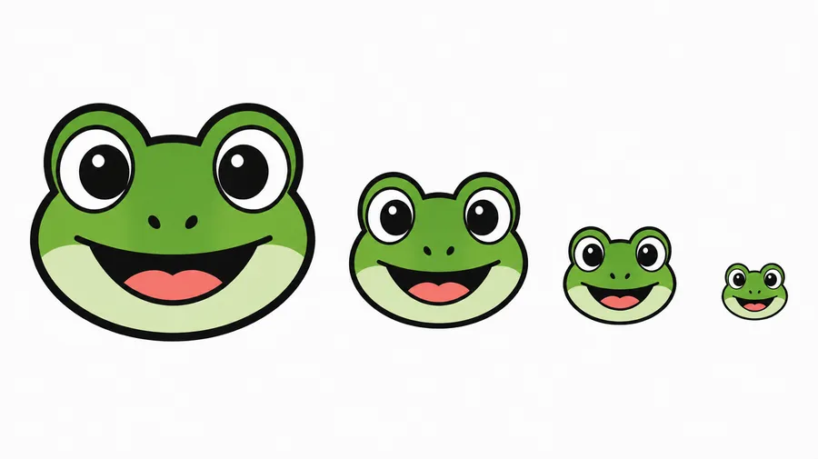 Same cartoon frog emoji illustration repeated at four decreasing sizes in a row