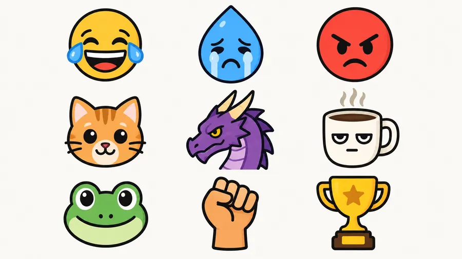 Grid of nine emoji-style illustrations: laughing face, crying droplet, angry face, cat, dragon, coffee cup, frog, fist, trophy