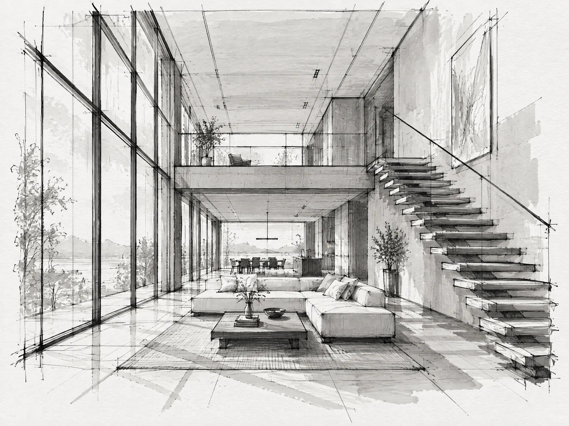 Hand-drawn architectural concept sketch of a double-height living space with floor-to-ceiling glazing, a low sofa and an open-tread staircase, used as the starting input for a sketch-to-visualization workflow and generated on getimg.ai.