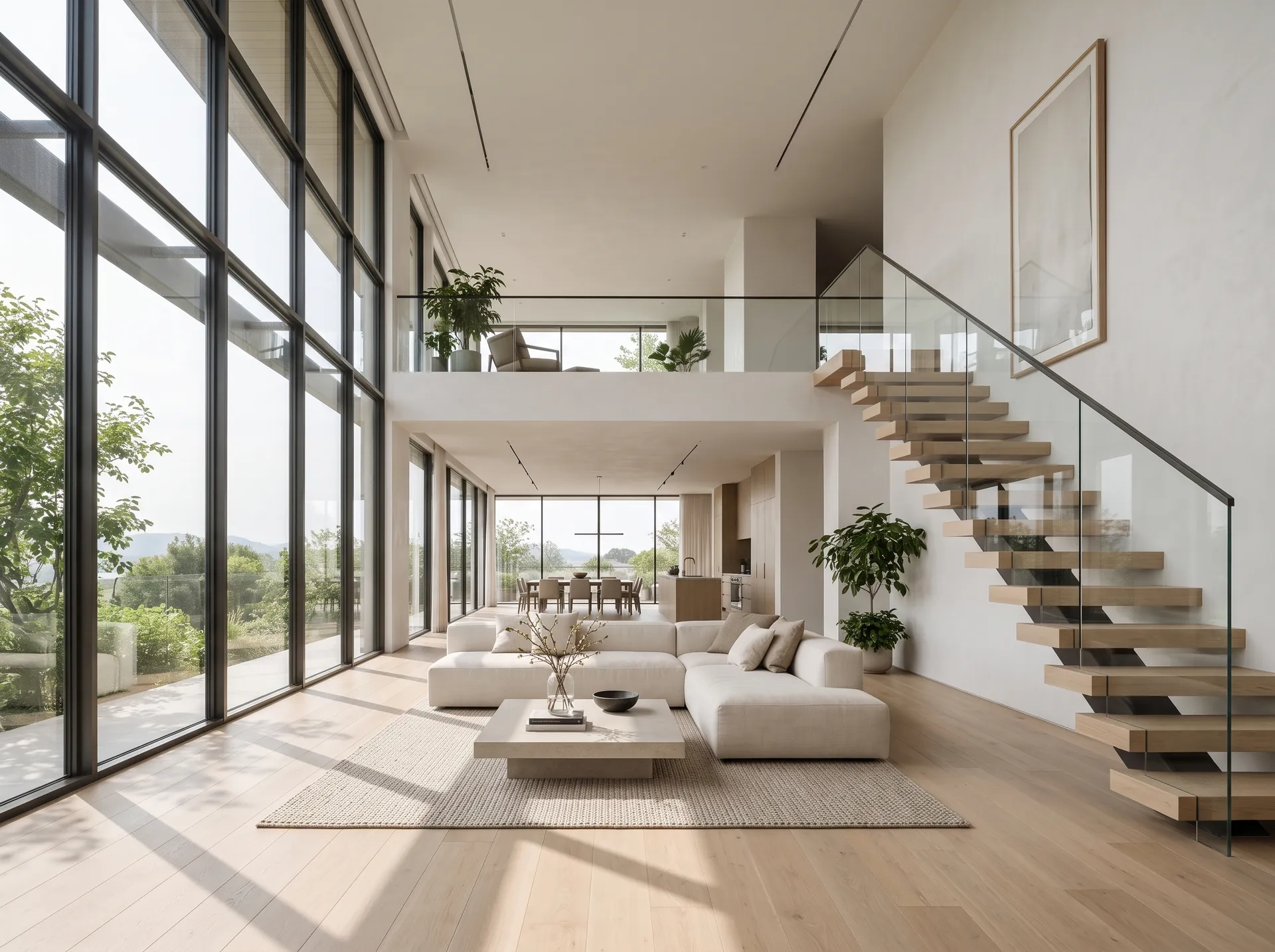 Photorealistic interior visualization of a double-height living space with pale oak flooring, white plaster walls, a linen sofa and soft daylight, created from an architectural concept sketch on getimg.ai.