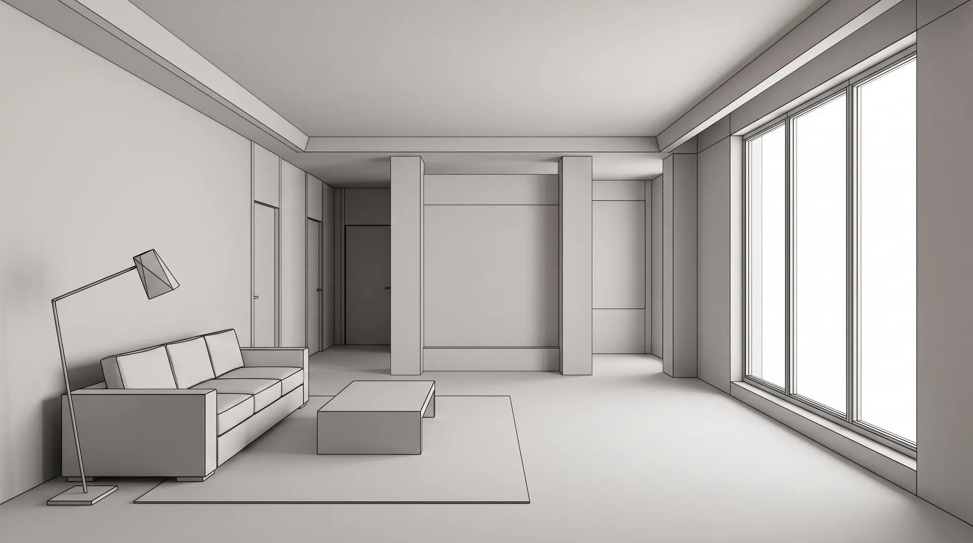 Untextured grey 3D model render of a living room with a plain sofa, coffee table, floor lamp and tall window, used as the reference input for a design studio revision workflow and generated on getimg.ai.