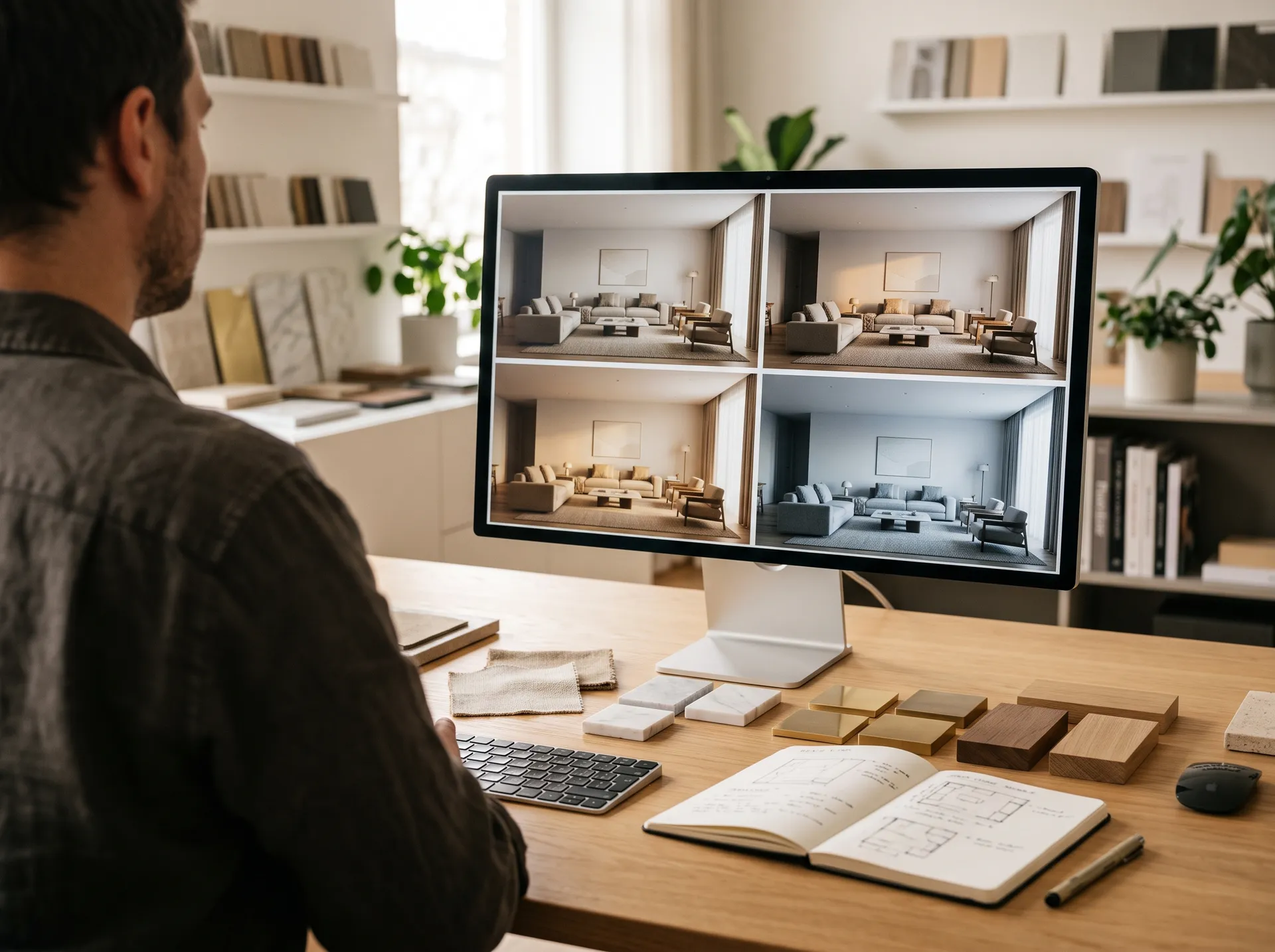 Designer at a desk reviewing four visualization options of the same living room side by side on a monitor, with material samples and a sketchbook on the desk, illustrating fast AI visual exploration and generated on getimg.ai.
