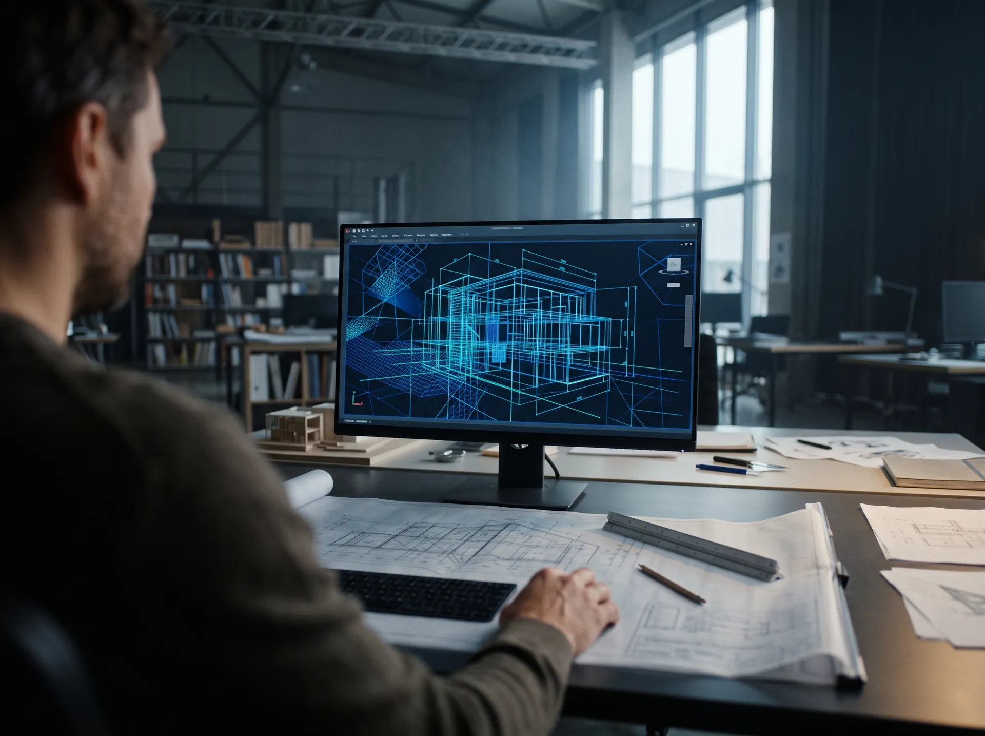 Architect working on a precise 3D CAD wireframe model of a building on a large monitor, with technical drawings, a scale ruler and a physical study model on the desk, illustrating authoritative source-model work and generated on getimg.ai.