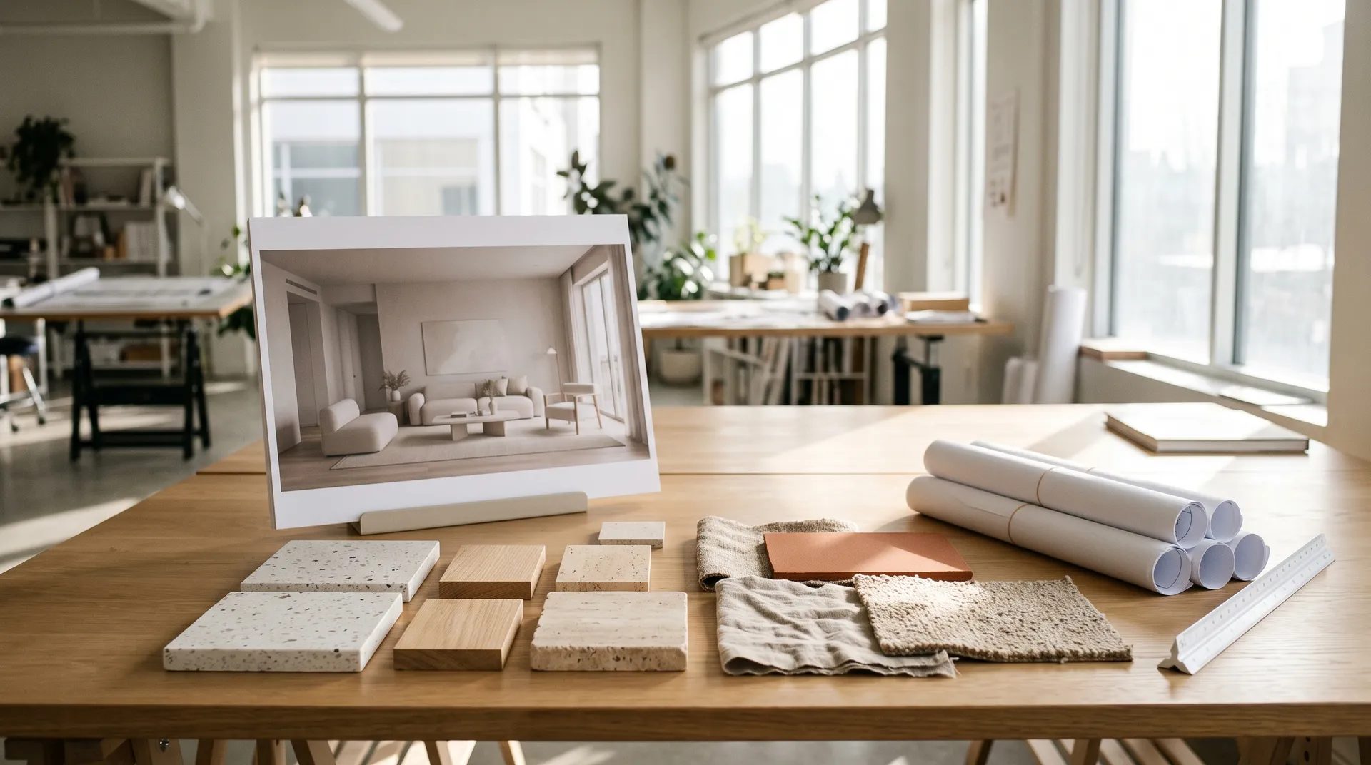 Architect's studio desk with a printed photorealistic interior visualization propped up beside stone and timber material swatches and fabric samples, with rolled technical drawings and a scale ruler set to one side, generated on getimg.ai.